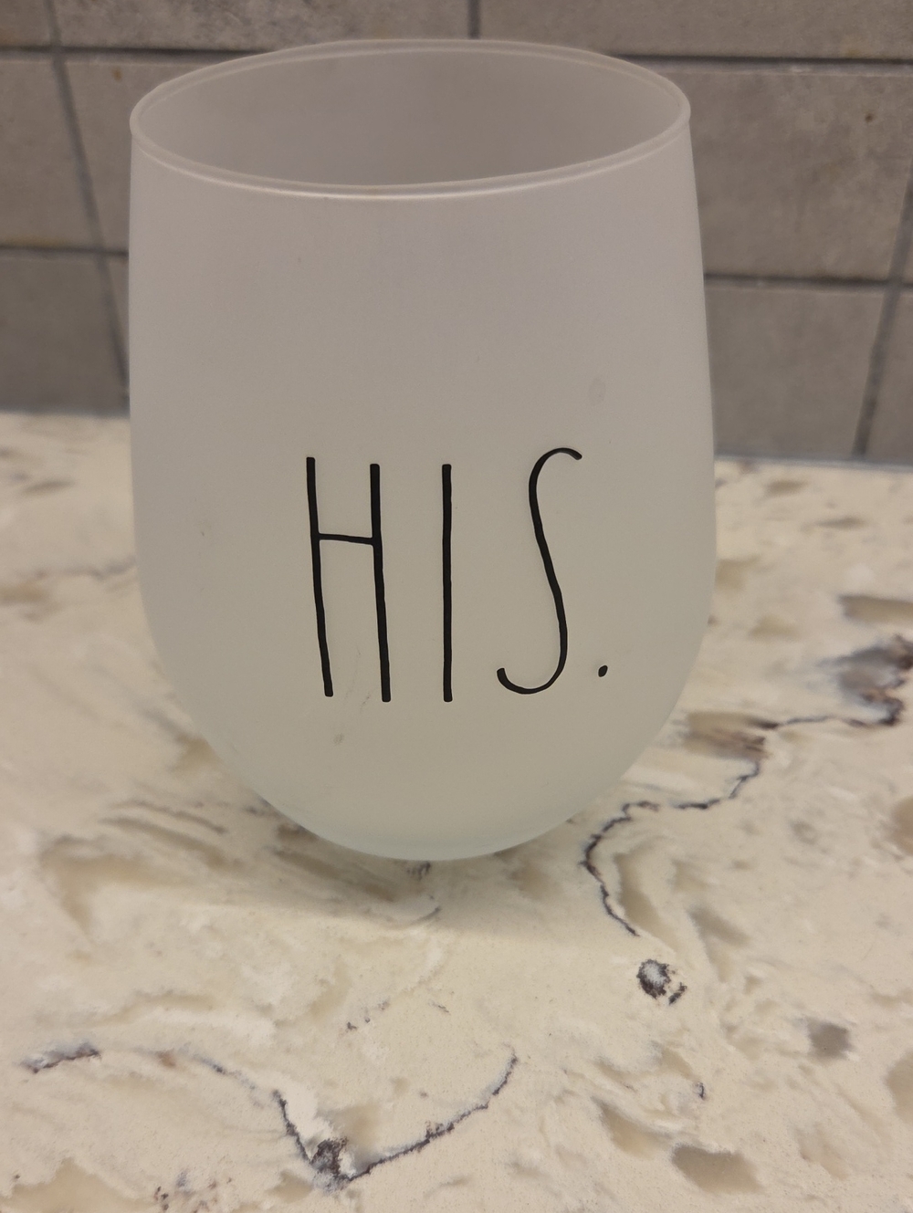 Rae Dunn His. Frosted Stemless Wine Tumbler - White